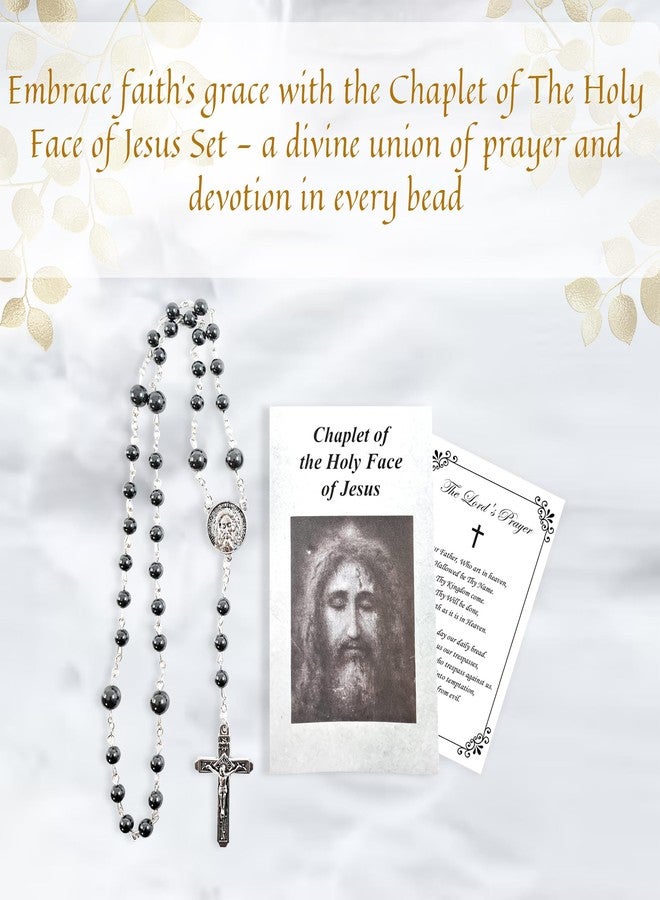 Trendzeen Chaplet of The Holy Face of Jesus - The Lord's Prayer Card - Black Hematite Holy Face Chaplet Rosary Beads - Holy Face Medal Rosary with Guide - Coronilla de la Santa Faz de Jesus - 2 Items Total - Image 2